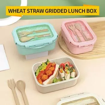 Bento Lunch Box with Straw Material Small Capacity Microwave Heating Food Grade Material Portable Children s Lunch Box 2-grid