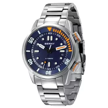 BERNY Watch Mechanical Watch Hand Wind Watch Automatic Watch 200m Diving Watch Наручные часы HV600 Hardness Sapphire Glass Прочный браслет из нержавеющей стали синий