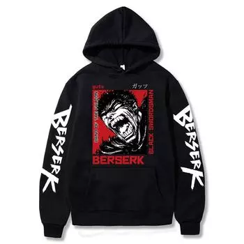 Berserk Аниме-пуловер Guts с графическим принтом и капюшоном для мужчин и женщин Винтажные готические толстовки с капюшоном Большие размеры Толстовка Harajuku Streetwear XS чёрный