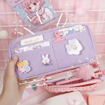 (Бесплатный значок) Kawaii фиолетовый холст пенал милый значок животного розовый пеналы большие школьные сумки-карандаши для девочек канцелярские принадлежности розовый