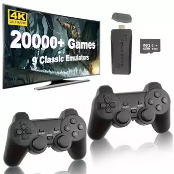 Беспроводная игровая консоль в стиле ретро, встроенная 20 000 классических игр, ТВ-выход 4K HDMI с двумя беспроводными контроллерами 2,4G, ностальгическая игровая приставка версии 32G/64G