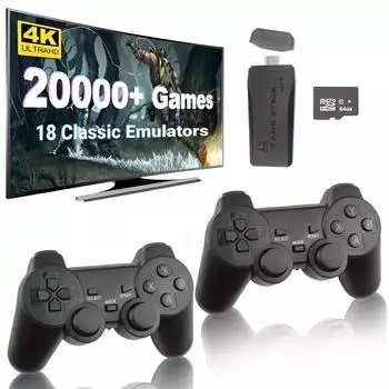 Беспроводная игровая консоль в стиле ретро, встроенная 20 000 классических игр, ТВ-выход 4K HDMI с двумя беспроводными контроллерами 2,4G, ностальгическая игровая приставка версии 32G/64G 64G
