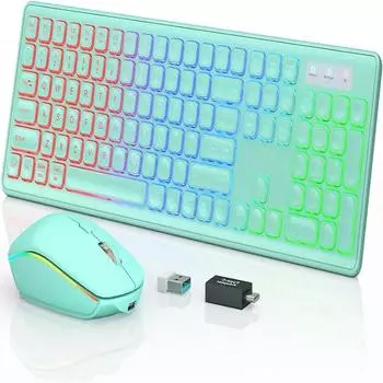 Беспроводная клавиатура и мышь с RGB-подсветкой, полноразмерная, 2,4 ГГц, тихая перезаряжаемая эргономичная клавиатура, мышь для Windows/ПК/ноутбука
