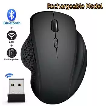 Беспроводная мышь 2,4 ГГц + Bluetooth 5.2 с USB-приемником, перезаряжаемый ПК, компьютерный игровой геймер, бесшумная мышь, 1600 точек на дюйм, эргономичная оптическая мышь, двойной режим чёрный