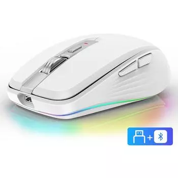 Беспроводная мышь FMOUSE M303 с Bluetooth и типом C;Перезаряжаемая RGB-мышь 2,4 ГБ с USB-приемником, 4 уровня регулируемого разрешения белый