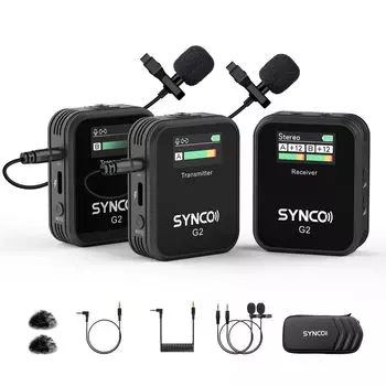 Беспроводная связь SYNCO G2 2 передатчика 1 приемник Простота в эксплуатации Регулировка громкости Расстояние передачи до 150 м Видеосъемка Онлайн-урок Совместимость