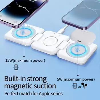 Беспроводная зарядная станция мощностью 15 Вт для устройств Apple. Магнитная подставка для зарядки iPhone. белый