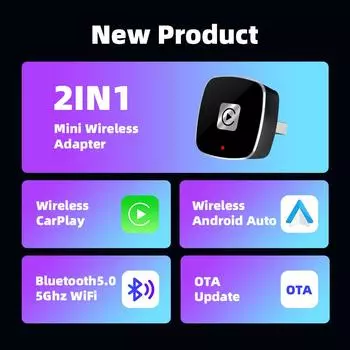 Беспроводной адаптер Carplay для Android iPhone Auto 2 в 1, проводное подключение к беспроводному AI Box USB для Volvo Benz Mg Kia Chery VW чёрный