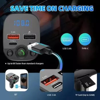 Беспроводной FM-радиокомплект Haogu Bluetooth 5.0 автомобильный FM-передатчик быстрое цветное зарядное устройство и с воспроизведением MP3-модулятора громкой связи