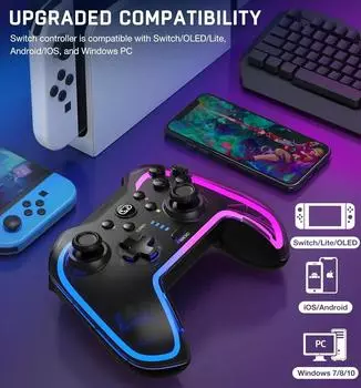Беспроводной контроллер для коммутатора и Windows/iOS/Android со светодиодной подсветкой RGB, поддерживает приложение с программируемой, турбо-функцией пробуждения