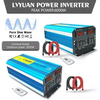 6000 Вт(Вершина горы) DC12V/24Vto AC 220V 3000W Номинальная мощность Пульт дистанционного беспроводного управления Чистая синусоида EU/Универсальная розетка Питание 220 В Инвертор 12V EU Socket синий