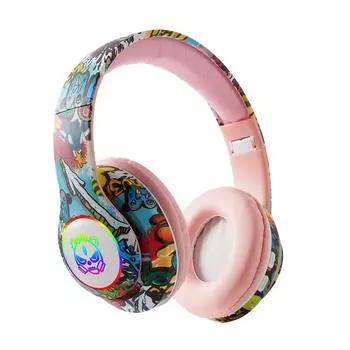 Беспроводные гарнитуры с граффити, Bluetooth-наушники, Hi-Fi 3d стереонаушники, складные игровые наушники, гарнитура с шумоподавлением Tf Card розовый