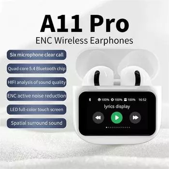 Беспроводные наушники A11 Pro TWS с сенсорным управлением, ЖК-экраном, шумоподавлением ENC, супербасом, премиальным звуком, беспроводная гарнитура белый