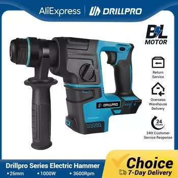 Бесщеточная электрическая ударная дрель Drillpro Мощный двигатель 1000 Вт Вращающийся двигатель Скорость 0–3600 об/мин Диаметр сверления 26 мм 0–4800 дюймов в минуту Высокая скорость удара