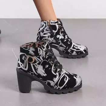 Big autumn new lace-up round head thick heel short tube style versatile women s fashion boots 36 белый