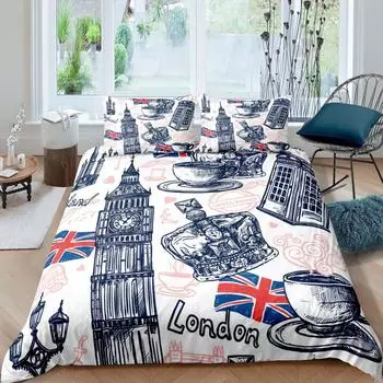Big Ben Comforter Cover Boys Famous Telephone Booth Bedding Set For Teens Retro London Cityscape Duvet Cover Set With Pillowcase EU single(135x200cm)