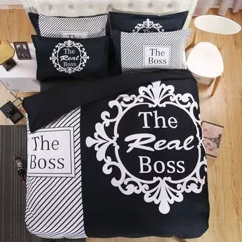 Комплект постельного белья Big Boss Black N White His Her Valentine, пододеяльник, наволочка, размер King Queen, комплект постельного белья EU Twin(135x200cm)