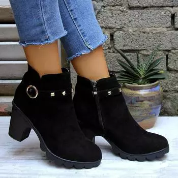 Big Martin boots 2024 autumn and winter new side zipper round head thick high heel short boots women 35 чёрный