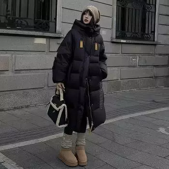 Big quilt down jacket women s long 2024 winter new thickened streamer hooded extreme cold warm jacket large size S серебряный серый
