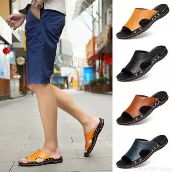 Big Size Men Slippers Summer Genuine Leather Casual Slides Street Fashion Beach Shoes Cow Leather Sandals 38 чёрный