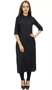 Bimba Black Straight Kurta Front Opening Rayon Kurti Indian Kurti с шарфом - 10 чёрный
