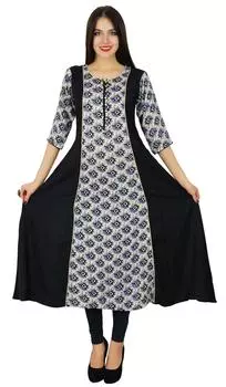 Bimba Classic Chic Long Rayon Dress Printed Kurta Kurti 3 4 Рукава Индийская Этническая 10 чёрный