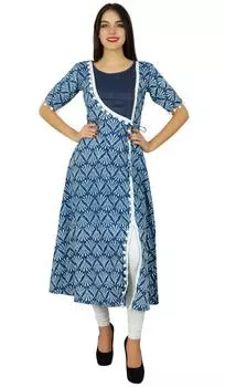 Bimba Designer Angrakha Style Cotton Kurta Long A-Line Kurti Dress Indian Women Cusom 10 синий