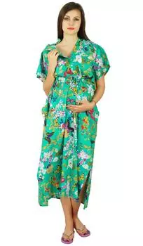 Bimba Nursing Cotton Kaftan Front Buttons Night Wear-To Be Moms Gift Baby Size: 0-10 | Length - 42-inches зелёный
