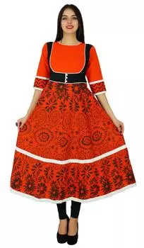 Bimba Orange Flaired Kurti Printed Cotton Kurta Indian Designer Chic Clothing 14 оранжевый