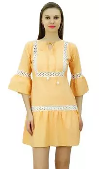 Bimba Summer Boho Короткое платье Мини-платье с рюшами на рукавах Boho Chic Beach 10 бежевый