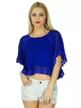Bimba Women Blue Georgette Custom Crop Top Lace Short Kimono Blouse Chic 10 синий