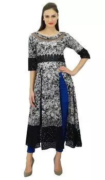 Bimba Women Designer Black Custom Kurta Tunic Top Long Front Slits Kurti Dress Indian Clothing 12 чёрный