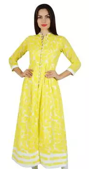 Bimba Women Long A-Line Kurti Indian Ethnic 3 4 Sleeve Blouse-Yellow 10 жёлтый