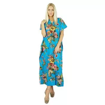 Bimba Women Long Cotton Kaftan Blue Floral Night Wear Classic Caftan Dress 16 синий