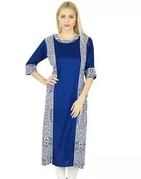 Bimba Women Long Straight custom Kurti Kurta 3 4 Sleeve Top Indian Ethnic 10 синий