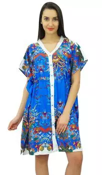 Bimba Women Short Polyester Button-Down Kaftan Beach Coverup Drawstring 10 синий