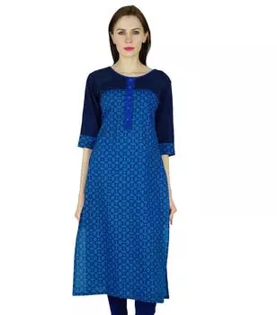 Bimba Women Straight Cotton Kurta Long custom Kurti 3 4 Рукав Синий Топ Этнический Индийский 10 синий