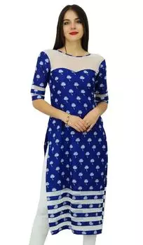 Bimba Womens Designer Blue Cotton Kurta Long Straight Kurti Classic Chic Indian 10 синий