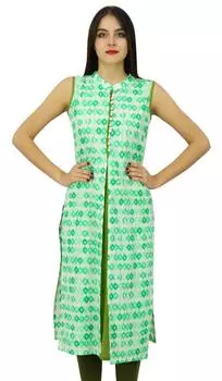 Bimba Женская зеленая хлопковая блузка Kurti без рукавов с принтом Kurta India Tunic Blouse 10 зелёный