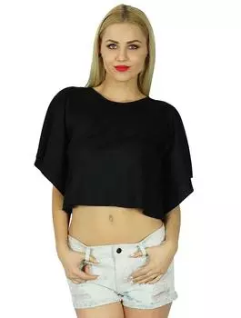 BimbaComen Black Flaired Custom Crop Top Короткая повседневная блузка Boho Chic Summer 10 чёрный