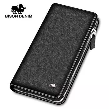 BISON DENIM Роскошные мужские кошельки из натуральной кожи, длинный клатч на молнии, деловой повседневный мужской кошелек с держателем для кредитных карт, телефонный кошелек чёрный