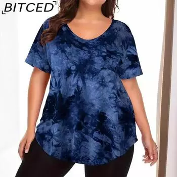 BITCED Летняя мода V-образный карман Tie-Dye женская футболка большого размера с коротким рукавом XL синий