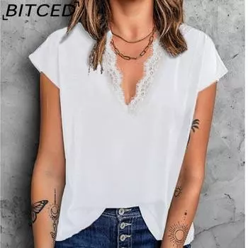 BITCED летняя однотонная шифоновая кружевная короткая футболка с v-образным вырезом, свободная женская футболка, лето S чёрный