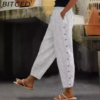 BITCED Модные новые брюки с принтом в полоску, на пуговицах, с резинкой на талии, женские летние повседневные брюки с карманами S синий