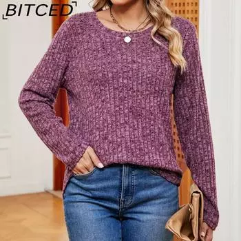 BITCED осенне-зимний женский однотонный свободный пуловер с круглым вырезом и длинными рукавами, футболка, женский топ S светло-серый