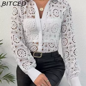 BITCED Женская рубашка-блузка с длинными рукавами и кружевным воротником-поло на весну/лето S белый