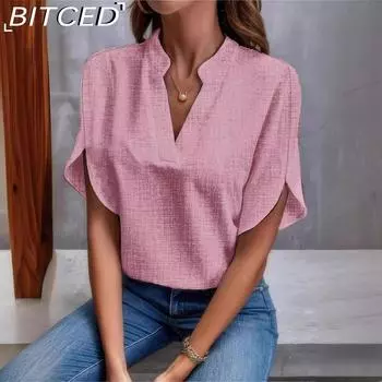 BITCED Женская летняя однотонная свободная льняная рубашка с короткими рукавами и v-образным вырезом S чёрный