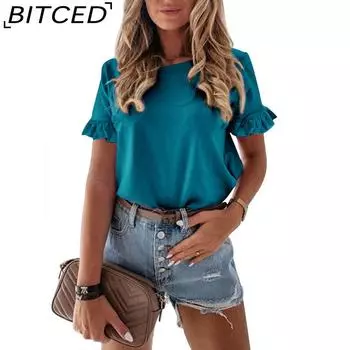 BITCED женская футболка, летняя однотонная повседневная тонкая свободная футболка с круглым вырезом для женщин S чёрный
