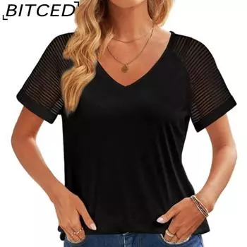BITCED женская футболка с коротким рукавом, летняя повседневная свободная однотонная тонкая женская футболка с v-образным вырезом и плечами S чёрный