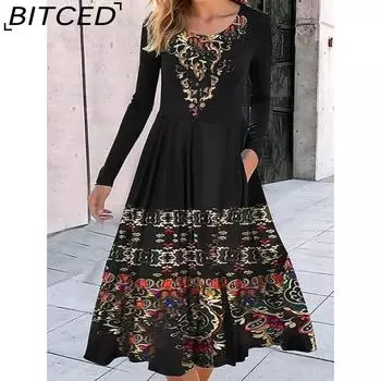 BITCED Женская мода осень-зима с длинным рукавом и круглым вырезом повседневные платья S